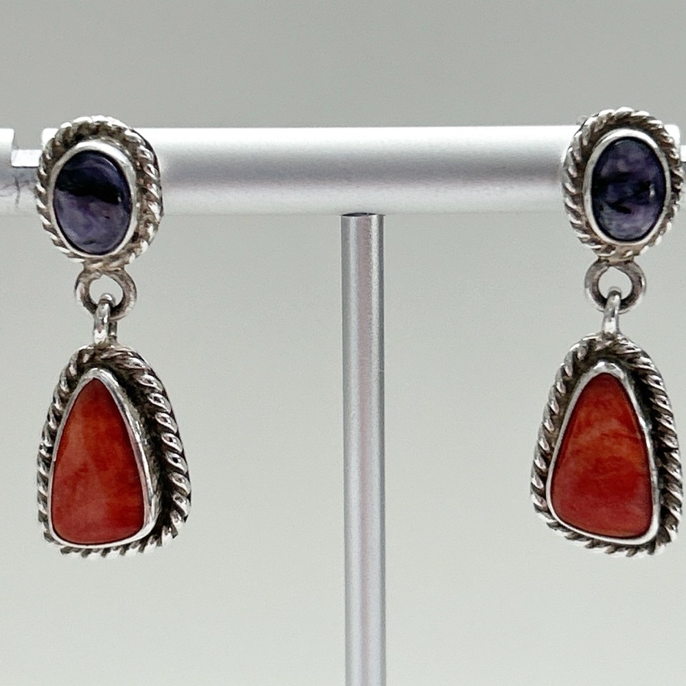 Vintage Signed Southwestern Charoite Spiny Oyster Sterling Silver Earrings